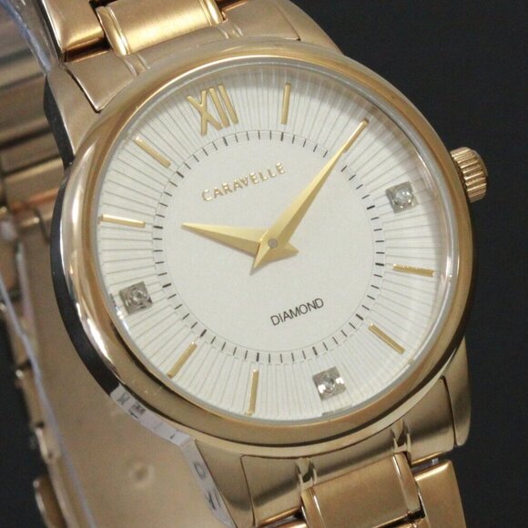 Caravelle Ladies Casual Watch By Bulova Diamond Accents Gold Tone 30mm - Picture 8 of 13